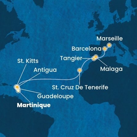 Martinik, Guadeloupe, Svätý Krištof a Nevis, Antigua a Barbuda, Španielsko, Maroko, Francúzsko z Fort de France, Martinik na lodi Costa Favolosa