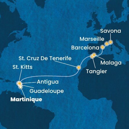 Martinik, Guadeloupe, Svätý Krištof a Nevis, Antigua a Barbuda, Španielsko, Maroko, Francúzsko, Taliansko z Fort de France, Martinik na lodi Costa Favolosa