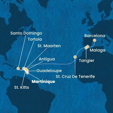 Martinik, Guadeloupe, Svätý Krištof a Nevis, Britské Panenské ostrovy, Dominikánska republika, Svatý Martin, Antigua a Barbuda, Španielsko, Maroko z Fort de France, Martinik na lodi Costa Favolosa