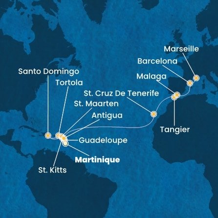 Martinik, Guadeloupe, Svätý Krištof a Nevis, Britské Panenské ostrovy, Dominikánska republika, Svatý Martin, Antigua a Barbuda, Španielsko, Maroko, Francúzsko z Fort de France, Martinik na lodi Costa Favolosa