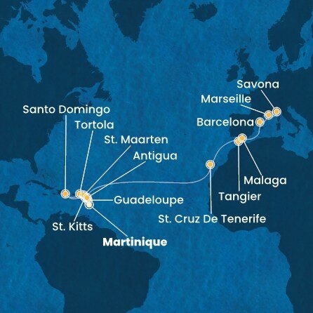 Martinik, Guadeloupe, Svätý Krištof a Nevis, Britské Panenské ostrovy, Dominikánska republika, Svatý Martin, Antigua a Barbuda, Španielsko, Maroko, Francúzsko, Taliansko z Fort de France, Martinik na lodi Costa Favolosa