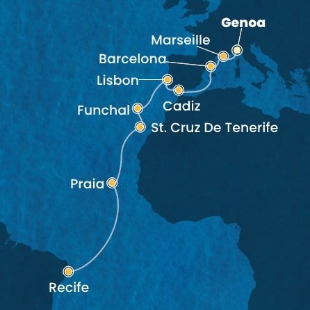 Taliansko, Francúzsko, Španielsko, Portugalsko, Kapverdy, Brazília z Janova na lodi Costa Favolosa