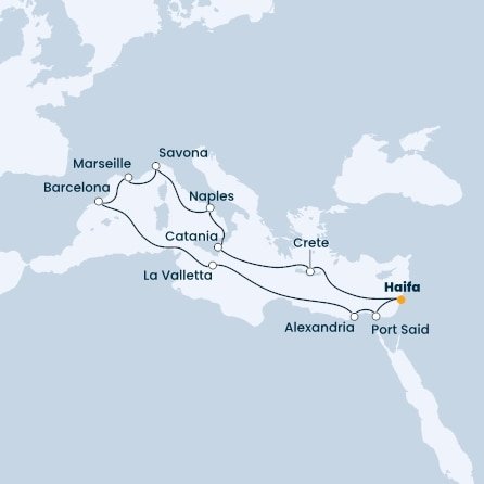Izrael, Egypt, Malta, Španielsko, Francúzsko, Taliansko, Grécko z Haify na lodi Costa Pacifica