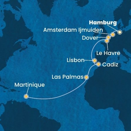 Nemecko, Holandsko, Veľká Británia, Francúzsko, Portugalsko, Španielsko, Martinik z Hamburgu na lodi Costa Favolosa