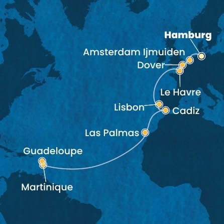 Nemecko, Holandsko, Veľká Británia, Francúzsko, Portugalsko, Španielsko, Martinik, Guadeloupe z Hamburgu na lodi Costa Favolosa