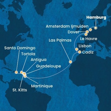 Nemecko, Holandsko, Veľká Británia, Francúzsko, Portugalsko, Španielsko, Martinik, Guadeloupe, Svätý Krištof a Nevis, Antigua a Barbuda, Britské Panenské ostrovy, Dominikánska republika z Hamburgu na lodi Costa Favolosa