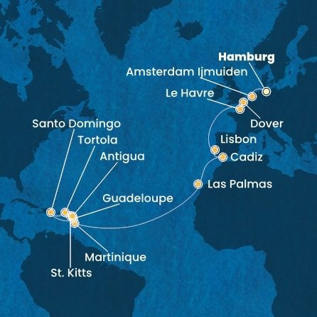 Nemecko, Holandsko, Veľká Británia, Francúzsko, Portugalsko, Španielsko, Martinik, Guadeloupe, Svätý Krištof a Nevis, Antigua a Barbuda, Britské Panenské ostrovy, Dominikánska republika z Hamburgu na lodi Costa Favolosa