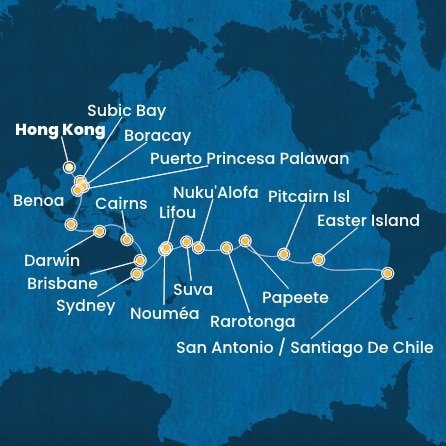 Čína, Filipíny, Indonézia, Austrália, Nová Kaledonie, Fiji, Tonga, Cookovy ostrovy, Francouzská Polynésie, Zámořské území Velké Británie, Chile z Hong Kongu na lodi Costa Serena