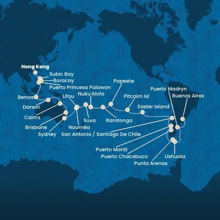 Čína, Filipíny, Indonézia, Austrália, Nová Kaledonie, Fiji, Tonga, Cookovy ostrovy, Francouzská Polynésie, Zámořské území Velké Británie, Chile, Argentína z Hong Kongu na lodi Costa Serena