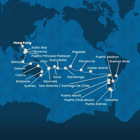Čína, Filipíny, Indonézia, Austrália, Nová Kaledonie, Fiji, Tonga, Cookovy ostrovy, Francouzská Polynésie, Zámořské území Velké Británie, Chile, Argentína z Hong Kongu na lodi Costa Serena