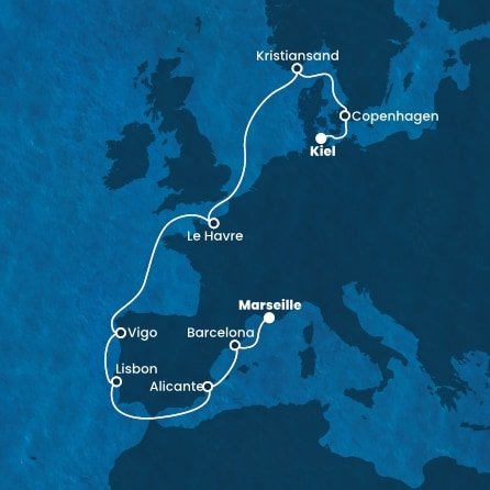 Nemecko, Dánsko, Nórsko, Francúzsko, Španielsko, Portugalsko z Kielu na lodi Costa Diadema