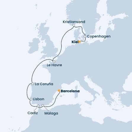 Nemecko, Dánsko, Nórsko, Francúzsko, Španielsko, Portugalsko z Kielu na lodi Costa Firenze