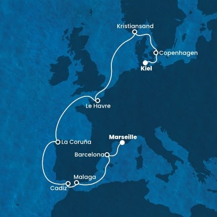 Nemecko, Dánsko, Nórsko, Francúzsko, Španielsko z Kielu na lodi Costa Diadema
