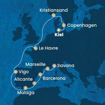Nemecko, Dánsko, Nórsko, Francúzsko, Španielsko, Taliansko z Kielu na lodi Costa Diadema