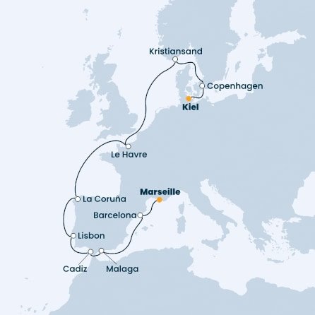 Nemecko, Dánsko, Nórsko, Francúzsko, Španielsko, Portugalsko z Kielu na lodi Costa Firenze