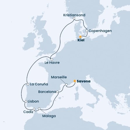 Nemecko, Dánsko, Nórsko, Francúzsko, Španielsko, Portugalsko, Taliansko z Kielu na lodi Costa Firenze