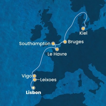 Portugalsko, Španielsko, Francúzsko, Veľká Británia, Belgicko, Nemecko z Lisabonu na lodi Costa Diadema