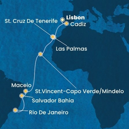 Portugalsko, Španielsko, Kapverdy, Brazília z Lisabonu na lodi Costa Diadema