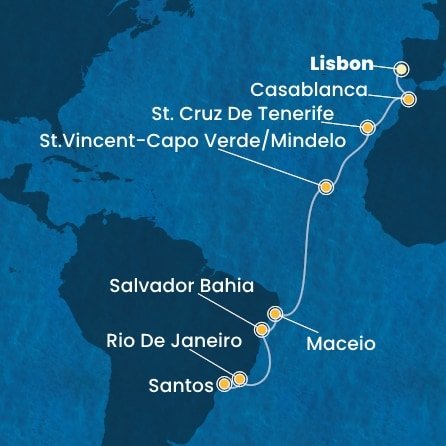 Portugalsko, Maroko, Španielsko, Kapverdy, Brazília z Lisabonu na lodi Costa Diadema