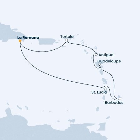 Dominikánska republika, Svätá Lucia, Barbados, Guadeloupe, Antigua a Barbuda, Britské Panenské ostrovy z La Romany na lodi Costa Pacifica