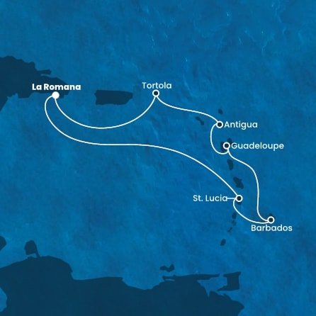 Dominikánska republika, Svätá Lucia, Barbados, Guadeloupe, Antigua a Barbuda, Britské Panenské ostrovy z La Romany na lodi Costa Fascinosa