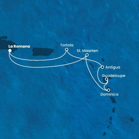 Dominikánska republika, Svatý Martin, Dominika, Guadeloupe, Antigua a Barbuda, Britské Panenské ostrovy z La Romany na lodi Costa Fascinosa