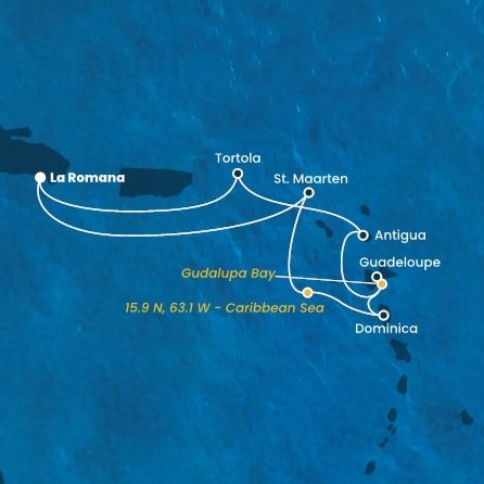 Dominikánska republika, Svatý Martin, , Dominika, Guadeloupe, Antigua a Barbuda, Britské Panenské ostrovy z La Romany na lodi Costa Fascinosa
