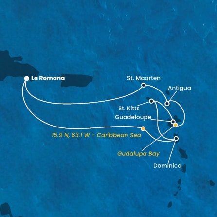Dominikánska republika, Dominika, Svätý Krištof a Nevis, Guadeloupe, Zámořské společenství Francie, Antigua a Barbuda, Svatý Martin z La Romany na lodi Costa Fascinosa