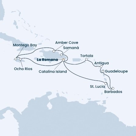 Dominikánska republika, Jamajka, Svätá Lucia, Barbados, Guadeloupe, Antigua a Barbuda, Britské Panenské ostrovy z La Romany na lodi Costa Pacifica