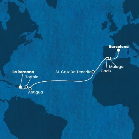 Dominikánska republika, Britské Panenské ostrovy, Antigua a Barbuda, Španielsko z La Romany na lodi Costa Pacifica