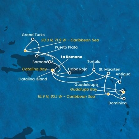 Dominikánska republika, , Veľká Británia, Svatý Martin, Dominika, Guadeloupe, Antigua a Barbuda, Britské Panenské ostrovy z La Romany na lodi Costa Fascinosa
