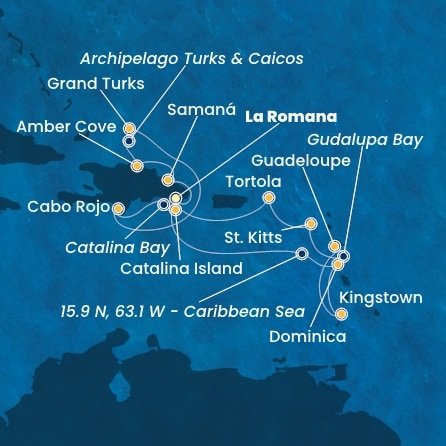 Dominikánska republika, Dominika, Svätý Vincent a Grenadiny, Guadeloupe, Francúzsko, Svätý Krištof a Nevis, Britské Panenské ostrovy, Veľká Británia z La Romany na lodi Costa Pacifica