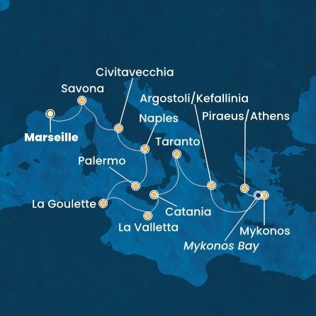 Francúzsko, Taliansko, Tunisko, Malta, Kefalonie, Grécko z Marseille na lodi Costa Fascinosa