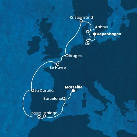 Francúzsko, Španielsko, Belgicko, Nórsko, Dánsko, Nemecko z Marseille na lodi Costa Diadema