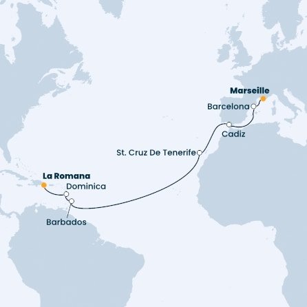Francúzsko, Španielsko, Barbados, Dominika, Dominikánska republika z Marseille na lodi Costa Pacifica