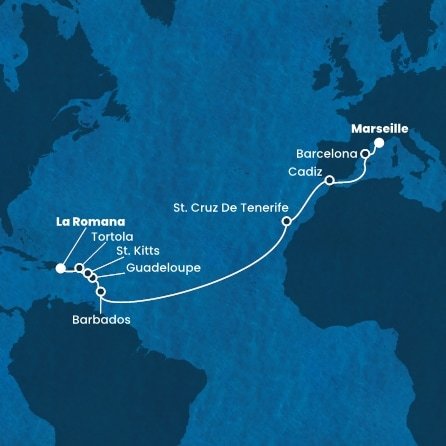 Francúzsko, Španielsko, Barbados, Guadeloupe, Svätý Krištof a Nevis, Britské Panenské ostrovy, Dominikánska republika z Marseille na lodi Costa Fascinosa