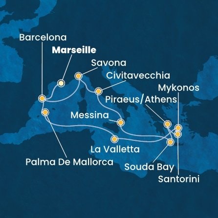 Francúzsko, Španielsko, Malta, Grécko, Taliansko z Marseille na lodi Costa Fascinosa