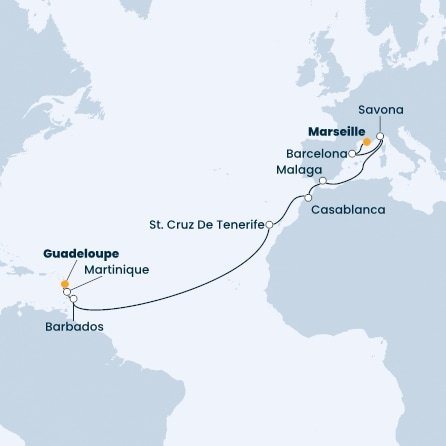 Francúzsko, Španielsko, Taliansko, Maroko, Barbados, Martinik, Guadeloupe z Marseille na lodi Costa Fascinosa