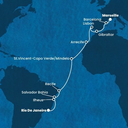 Francúzsko, Španielsko, Gibraltár, Portugalsko, Kapverdy, Brazília z Marseille na lodi Costa Favolosa