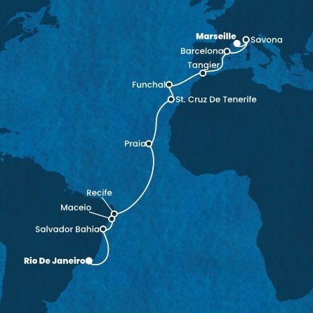 Francúzsko, Taliansko, Španielsko, Maroko, Portugalsko, Kapverdy, Brazília z Marseille na lodi Costa Pacifica