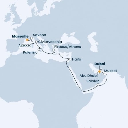 Francúzsko, Taliansko, Grécko, Izrael, Omán, Spojené arabské emiráty z Marseille na lodi Costa Toscana