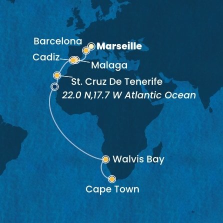 Francúzsko, Španielsko, Namíbia, Juhoafrická republika z Marseille na lodi Costa Smeralda