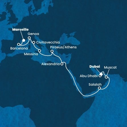 Francúzsko, Španielsko, Taliansko, Grécko, Egypt, Omán, Spojené arabské emiráty z Marseille na lodi Costa Smeralda