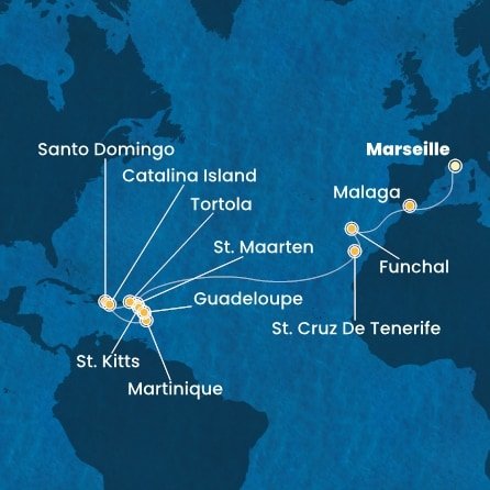 Francúzsko, Španielsko, Portugalsko, Svatý Martin, Martinik, Guadeloupe, Svätý Krištof a Nevis, Britské Panenské ostrovy, Dominikánska republika z Marseille na lodi Costa Fascinosa