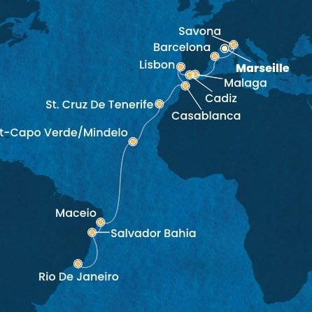 Francúzsko, Taliansko, Španielsko, Portugalsko, Maroko, Kapverdy, Brazília z Marseille na lodi Costa Diadema
