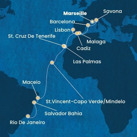 Francúzsko, Taliansko, Španielsko, Portugalsko, Kapverdy, Brazília z Marseille na lodi Costa Diadema