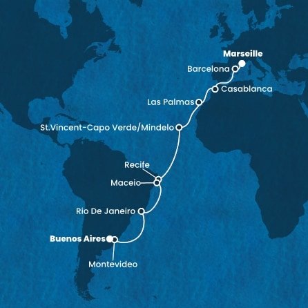 Francúzsko, Španielsko, Maroko, Kapverdy, Brazília, Uruguaj, Argentína z Marseille na lodi Costa Deliziosa