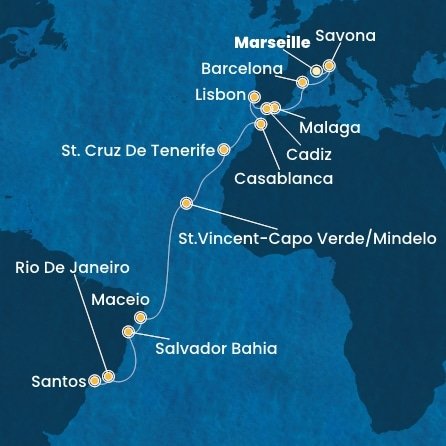 Francúzsko, Taliansko, Španielsko, Portugalsko, Maroko, Kapverdy, Brazília z Marseille na lodi Costa Diadema