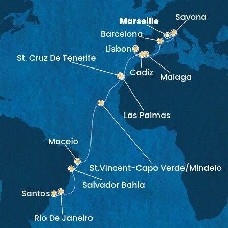 Francúzsko, Taliansko, Španielsko, Portugalsko, Kapverdy, Brazília z Marseille na lodi Costa Diadema