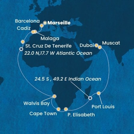 Francúzsko, Španielsko, Namíbia, Juhoafrická republika, Maurícius, Omán, Spojené arabské emiráty z Marseille na lodi Costa Smeralda